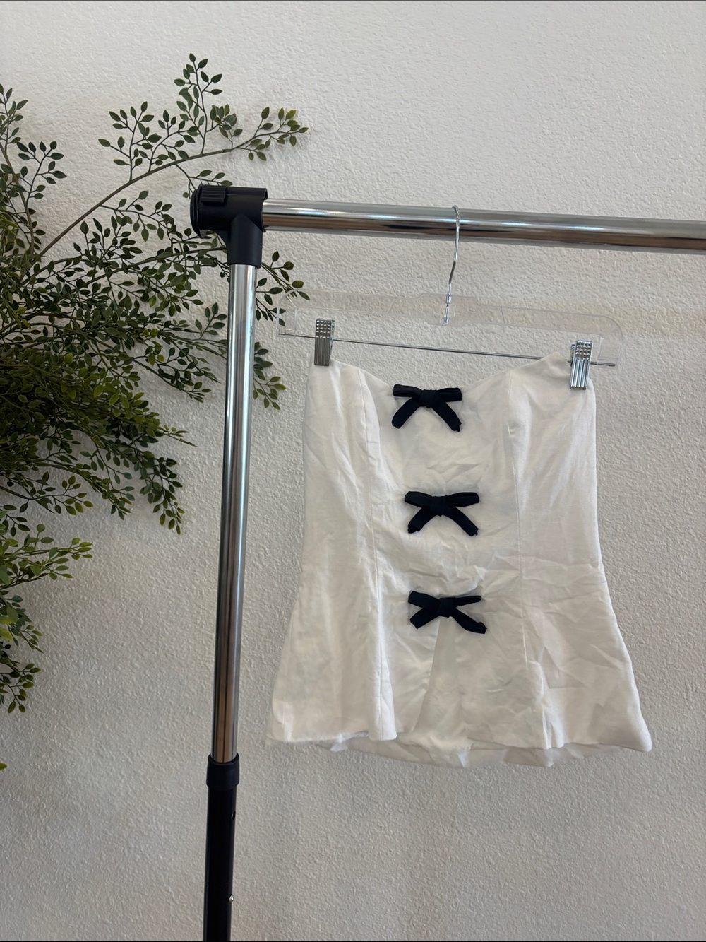 Reformation White Strapless Top with Black Bow Details